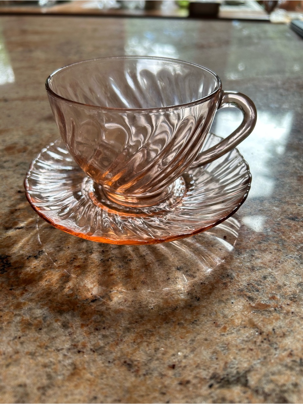 Arcoroc France Rosaline Pink Swirl Optic Glass Teacup/Saucer Set Made in France
